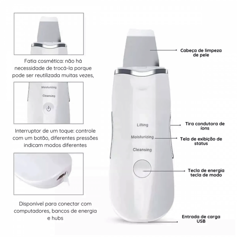 Caneta Peeling Ultrassônico E Ionização Portátil Anti Cravos E Acne EL-1931 Marca: Eletromex
